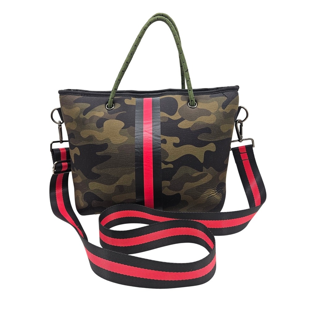 Haute Shore Neoprene Camo Crossbody Tote Bag Green Red Stripe Zip Top